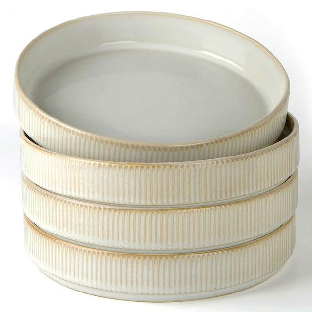 famiware 4 Pieces 8.25" Pasta Bowls Set, Double Reactive Glaze Salad Bowl Sets, Stackable, Large Capacity for Housewarming, Thanksgiving, Christmas, Cappuccino White