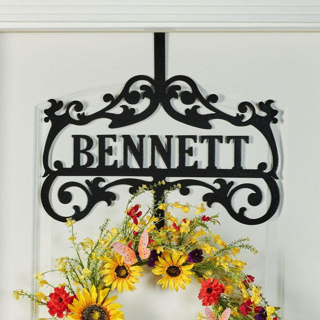 Bower Personalized Last Name Over the Door Wreath Hanger | Indoor Outdoor | Custom Family Name Door Marker with Seasonal Wreath Holder