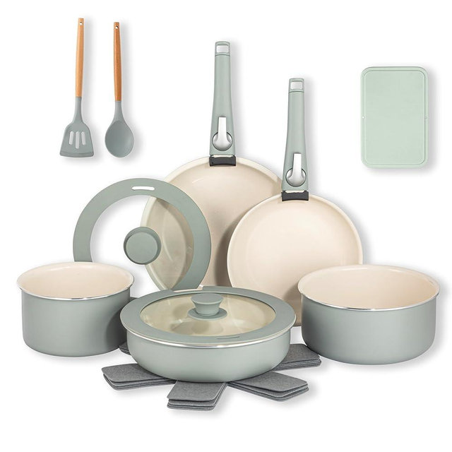 Gotham Steel 18 Pc Removeable Handle Pots and Pans Set Non Stick, Ceramic Cookware Set Nonstick with Cooking Utensils, Space Saving RV Camping Cookware, Non Toxic PFOA Free, Oven & Dishwasher Safe