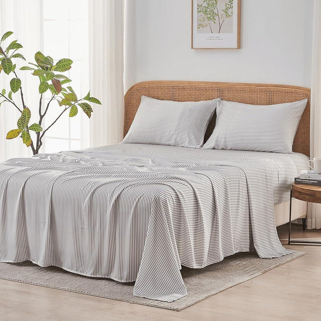 Sijo AiryWeight Tencel Sheet Set, 100% Lyocell Derived from Eucalyptus, Buttery Soft, Architectural Digest Best Cooling Sheets Winner - 4pc - 2 Pillowcases 1 Fitted 1 Top (Stripe, Queen)