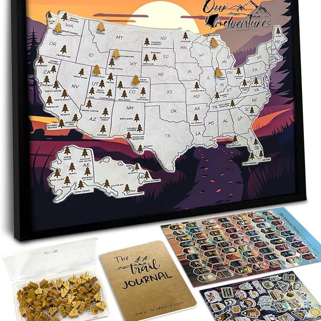 flinelife National Parks Map With Wooden Push pins, 12X10, National Park Map Tracker, National Park Tracker Checklist, Perfect for National Parks Lovers, Hiker, Couples and Families Gift
