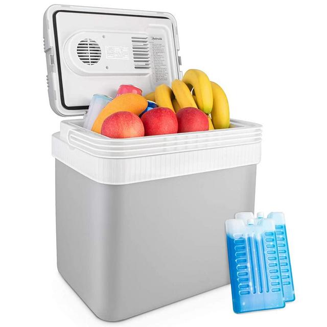 AstroAI Electric Cooler 26 Quarts/ 24 Liter, 12V DC Portable Thermoelectric Car Cooler for Beverage, Beer, Wine, Seafood, Fruits, Home and Travel with 2 Ice Packs (Gray)