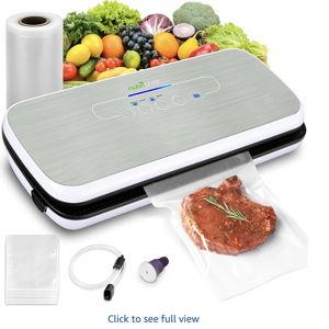NutriChef Food Vacuum Sealer Machine - Automatic Air Sealing System for Dry & Moist Foods, LED Touch Controls, Includes Vacuum Bags, Hose & Wine Stopper, High Suction Power, 14"x6"x3", Silver