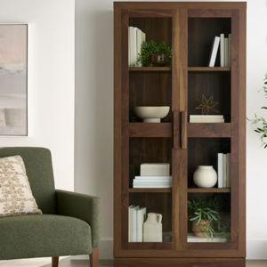 Better Homes & Gardens Ezra Glass Door Storage Accent Cabinet, Warm Walnut finish