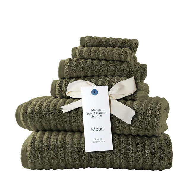 Blue Loom Low Twist Ribbed Bath Towels Set, 100% Cotton 600 GSM, Soft Absorbent Durable Towels 2 Bath Towels, 2 Hand Towels, 2 Washcloths - Mason Set of 6 Moss Green