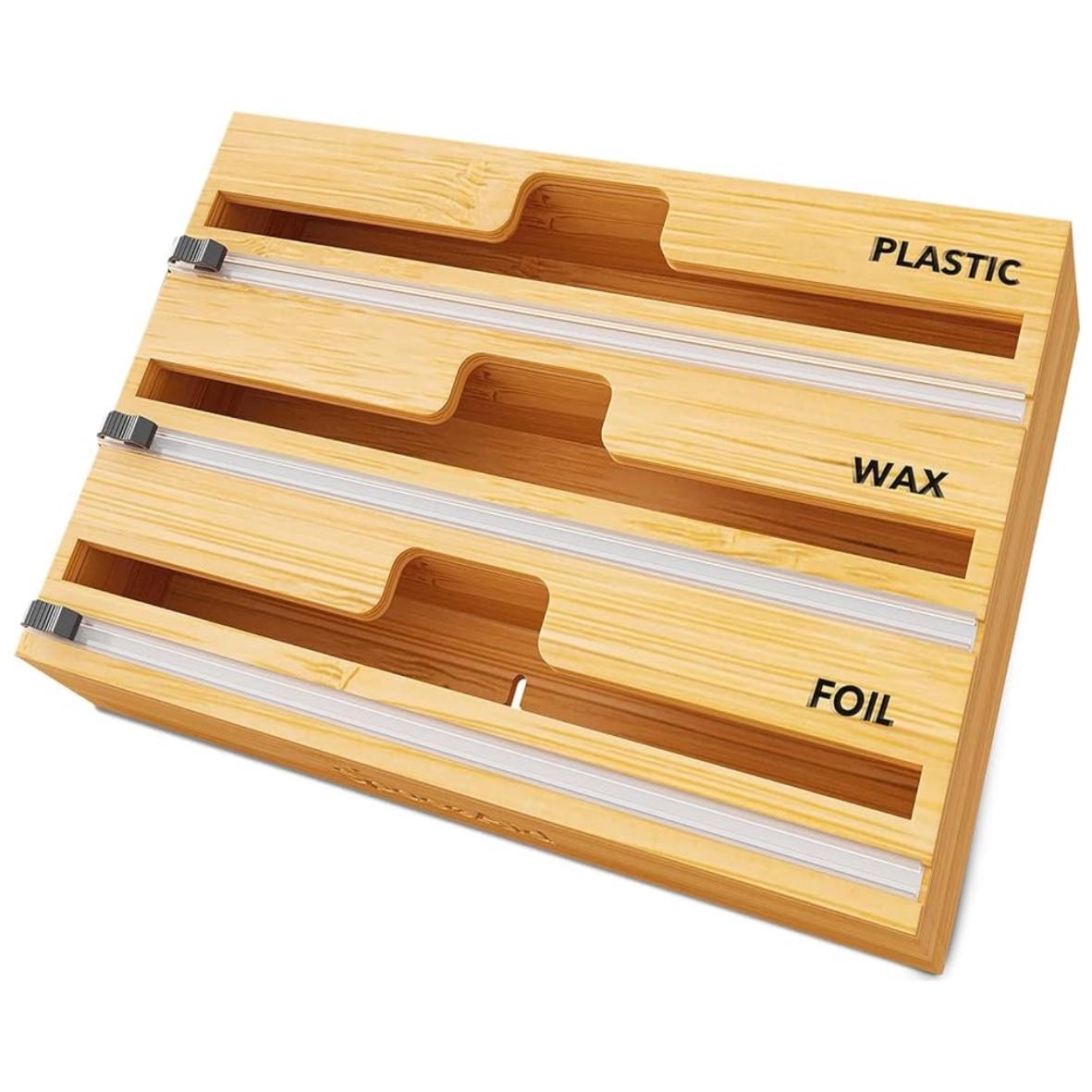 SpaceAid WrapNeat 3 in 1 Wrap Organizer with Cutter and Labels, Plastic Wrap, Aluminum Foil and Wax Bamboo Dispenser for Kitchen Storage Organization Holder for 12" Roll (Natural)
