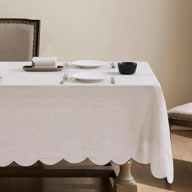 AORISSI 100% French Flax Linen Tablecloths Scalloped Embroidery Rectangle 84Lx60W Inch for Dinners, Parties, Spring, Machine Washable, 6-8 Sets, Linen(Edges-Green)