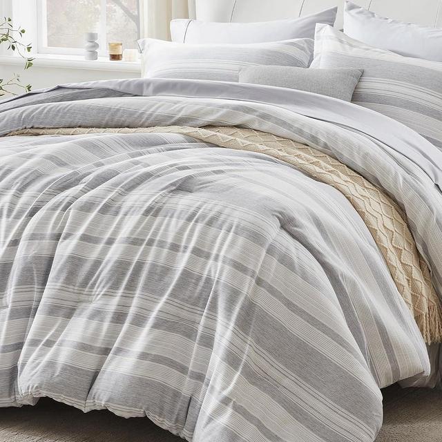 UNILIBRA Grey Queen Size Comforter Set, 7 Pieces Striped Bed in a Bag Lightweight Cationic Dyeing Bedding Sets for All Seasons with Comforter, Flat Sheet, Fitted Sheet, Pillow Shams, Pillowcases