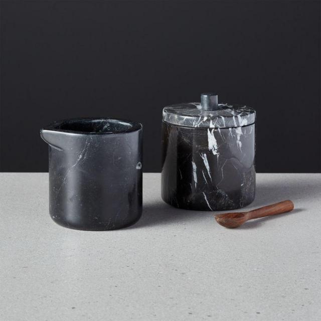 Keep It Neutral Marble Creamer and Sugar Bowl with Mini Walnut Spoon
