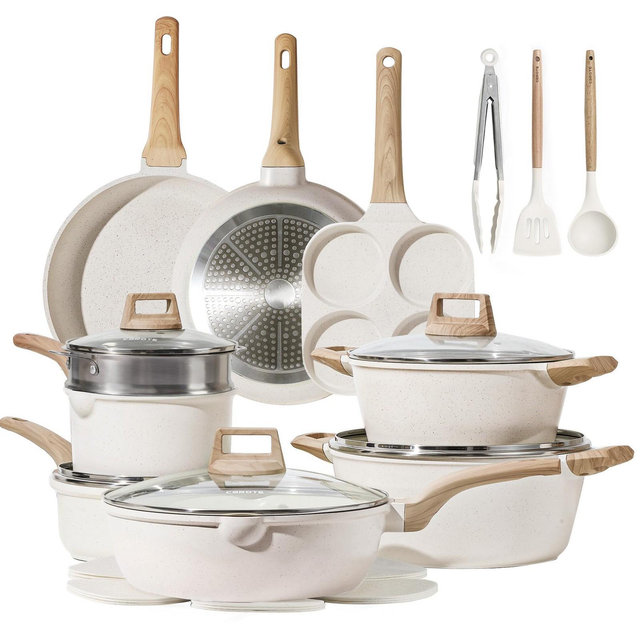 Itopfox 21-Piece Nonstick Cookware Set, White Granite Induction Pots and Pans with Frying Pans & Saucepans