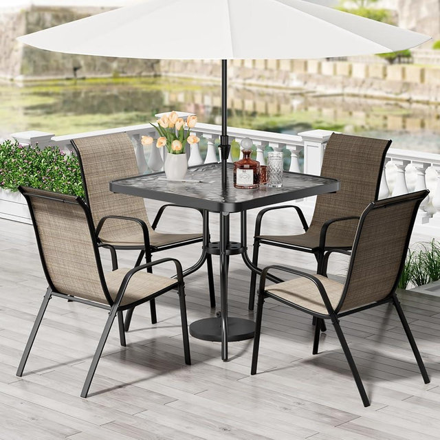 TLSUNNY Patio Dining Set 5 Pieces, All Weather Outdoor Furniture W/30"X 30" Table and 4 Stackable Textilene Chairs, Metal Table and Chairs for Lawn, Garden, Poolside, Backyard (Umbrella not Included)