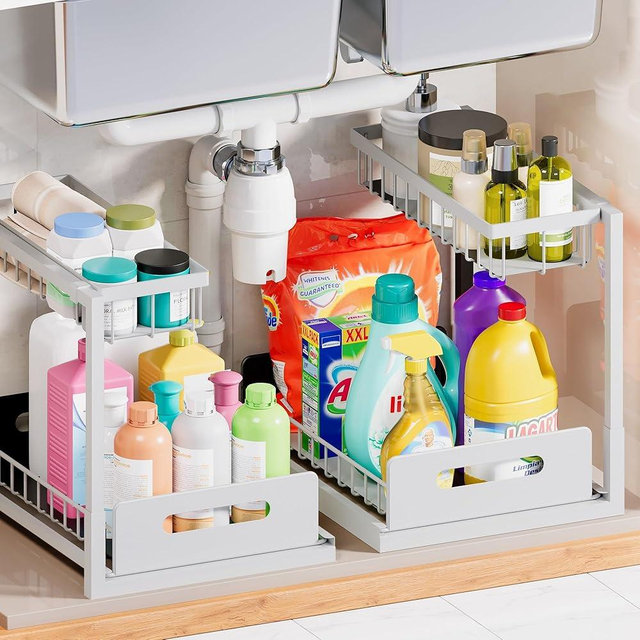 VUSIGN Under Sink Organizer and Storage, Slide Out Cabinet Organizer, Pull Out Sink Shelf for Kitchen Bathroom Laundry, White, 2 Pack