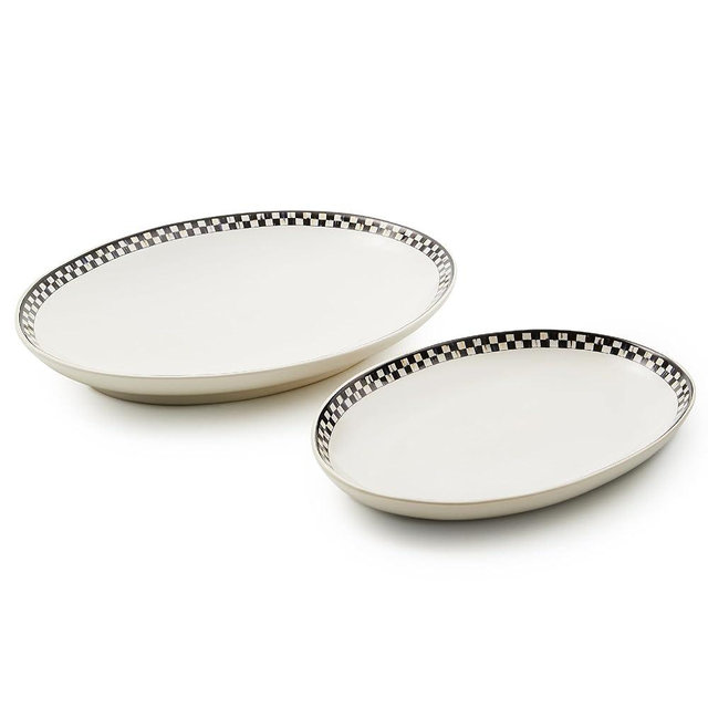 MACKENZIE-CHILDS Set of 2 Everyday Oval Platters, Dishwasher-Safe and Microwave-Safe, Black-and-White Courtly Check
