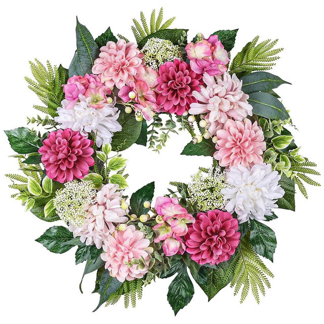 24-Inch Spring Wreath for Front Door with Hydrangeas Dahlias Daisy Silk Flowers and Berry Greenery for All Seasons Indoor Outdoor Wedding Farmhouse Porch Wall Living Room Home Wedding Decor