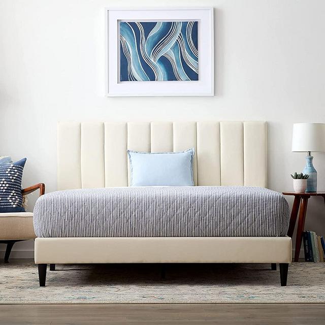 Lucid Upholstered Platform Bed with Channel Tufted Headboard-Sturdy Wood-No Box Spring Required