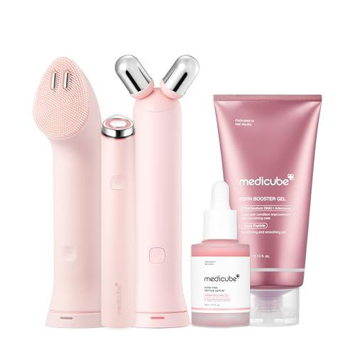 medicube All-in-One Skin Booster Device & Skincare Set (Pink): Mini Booster Pro Plus Full Facial Set, PDRN Peptide Serum, Booster Gel | 3-in-1 Korean Facial Device for Cleansing, Firming, Hydrating
