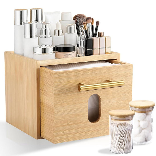 BSSN Face Towel Holder with Drawer, Bamboo Disposable Towelettes Box and 2 Glass Qtip Cotton Ball Jars, Facial Washcloths Container for Makeup Remover Wipes, Bathroom Vanity Organizer