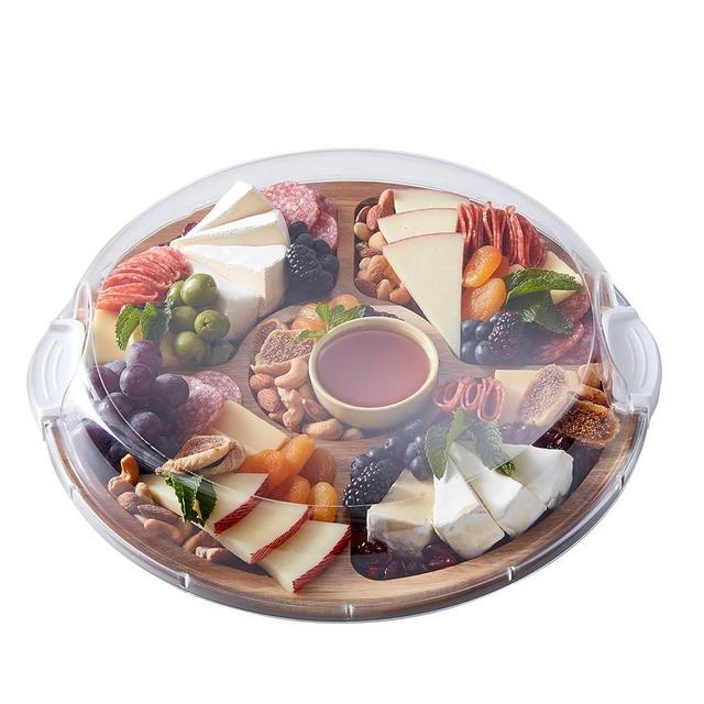 Farberware Build-a-Board Cutting Board with Lazy Susan Turntable, Five Compartments, and Clear Locking Lid for Charcuterie, Snacks, and More - Make it. Take it. Enjoy it, 14-Inch Round, Acacia