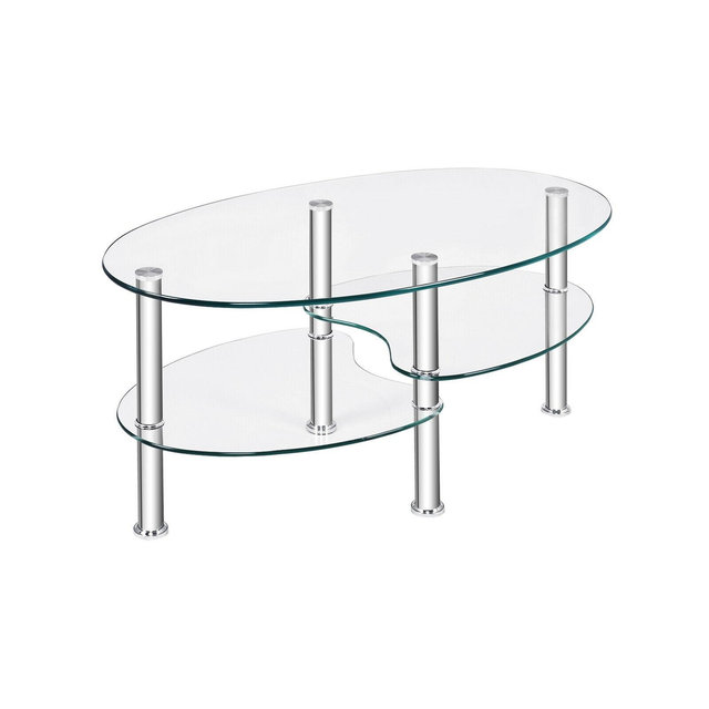 Costway Tempered Glass Oval Side Coffee Table Shelf Chrome Base Living Room Clear