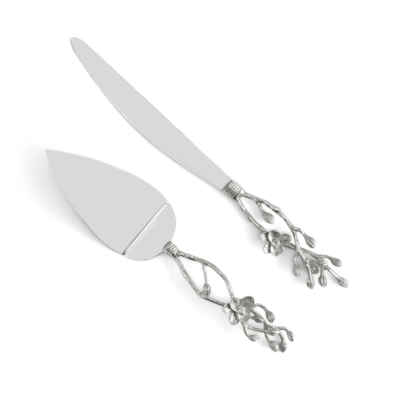 White Orchid Wedding Cake Knife & Server Set