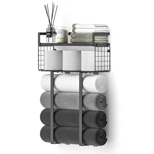 Towel Racks for Bathroom, Metal Towel Holder with Storage Basket,Wall Towel Rack for Rolled Towels, Towel Storage for Small Bathroom,Bathroom Shelves.