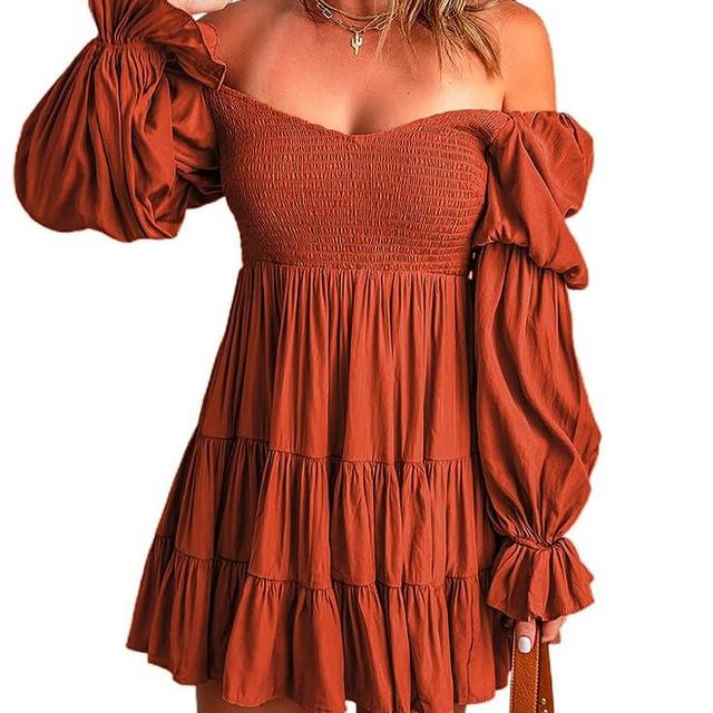 Dokotoo Womens 2023 Summer Spring Elegant Off The Shoulder V Neck Long Sleeve Ruffle Flowy Mini Short Skater Dresses