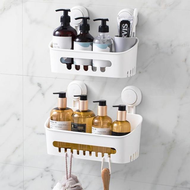 LEVERLOC Shower Caddy Suction Cup Shower Shelf Shower Basket Suction Pack of 2 One Second Installation Removable Powerful Suction Cup Bathroom Organizer Max Hold 22lbs Shower Storage Plastic