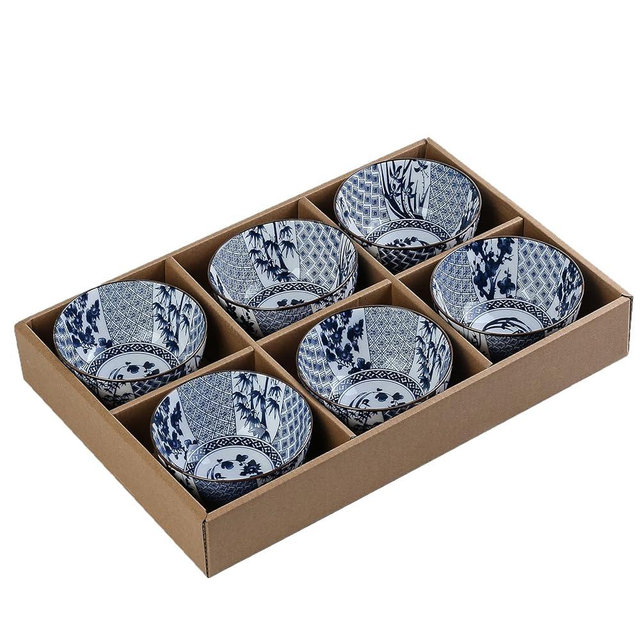 Gegong 6 Pack Ceramic Bowls, Japanese Style Rice Bowls, 10 Ounces Thickening Blue and white porcelain bowls, Cereal Bowls for Kitchen, Suitable for microwave, ovens, dishwashers (Multiple patterns)