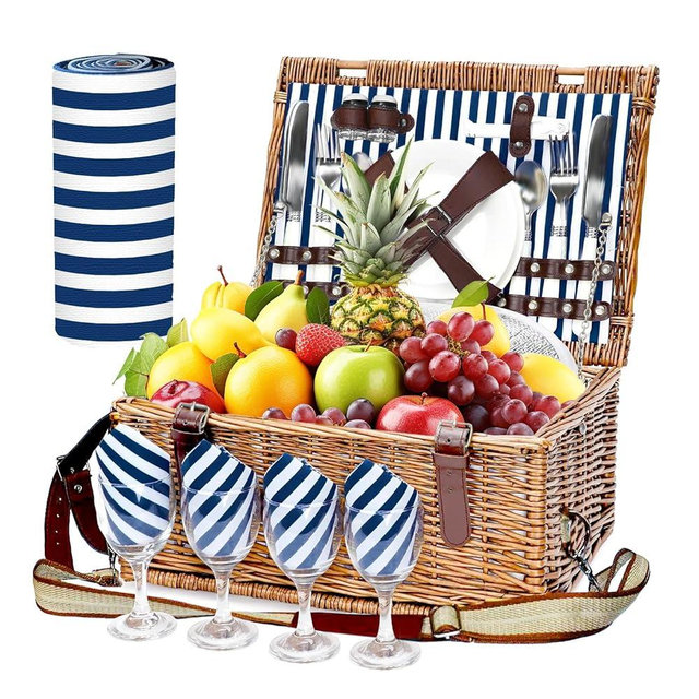 TOSTOOIRX Willow Picnic Basket Set for 4 with Large Insulated Bag and Waterproof Picnic Blanket, Wicker Picnic Hamper for Camping, Outdoor, Birthday, Valentine, Navy