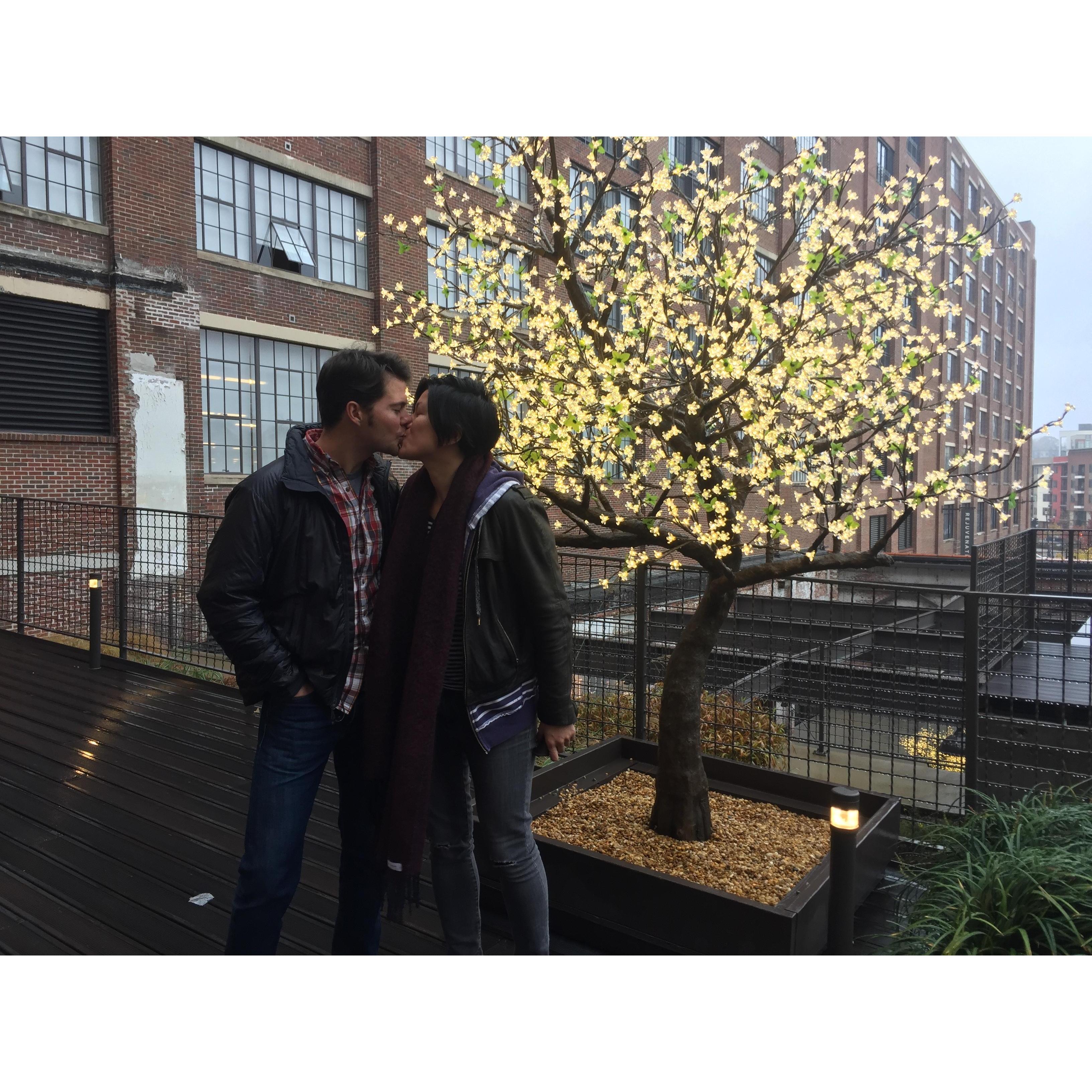 Enroute to Houston, we had a forced stop in Atlanta. Kissing under a a tree was obligatory.