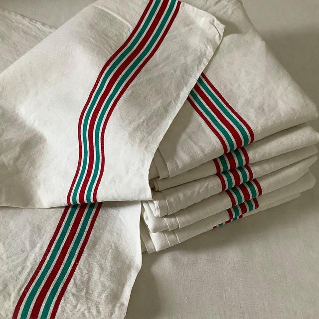 French Vintage Metis Linen Dishtowel ONE Large Torchon Tea Kitchen Towel Red Green Stripe Christmas