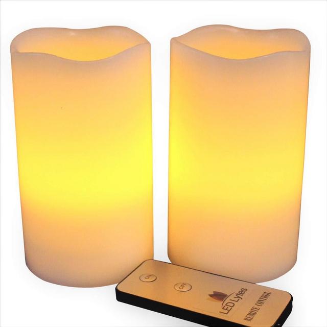 LED Lytes Flameless Candles, Battery Powered Candle Set, 2 Ivory Wax Amber Yellow Flickering Flame Pillars with Remote for Weddings, Parties and Gifts