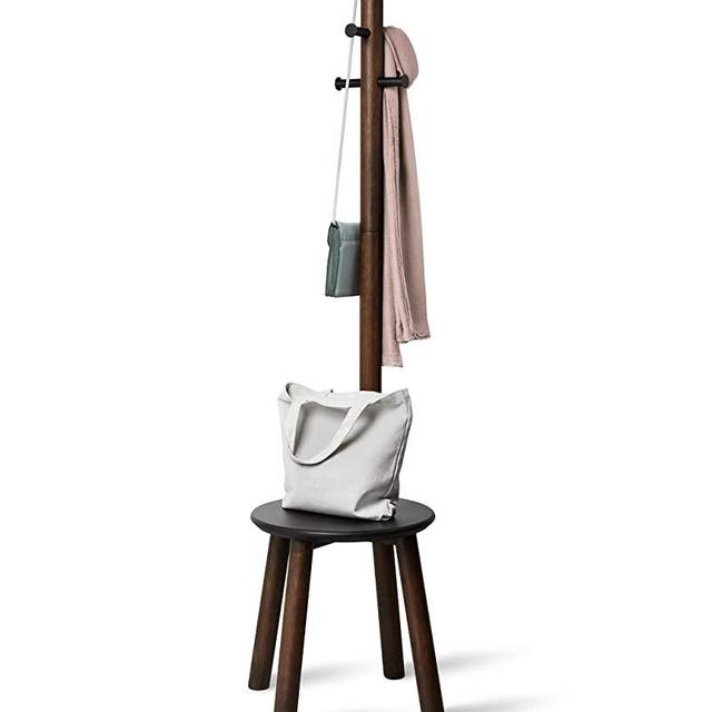 Umbra Pillar Coat Rack, W/Stool, Black/Walnut