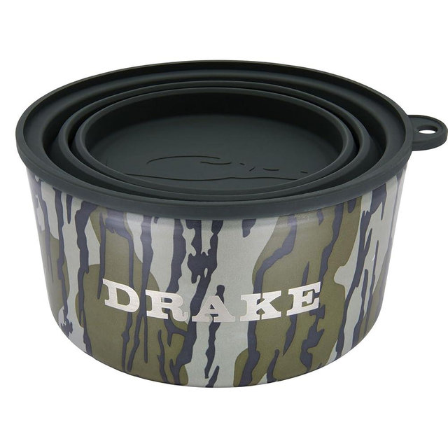 DRAKE WATERFOWL Team Gun Dog Insulated Stainless Steel Non-Slip Dog Bowl with Multi-Use Collapsible Silicone Lid - 7 Cup Capacity, Original Bottomland