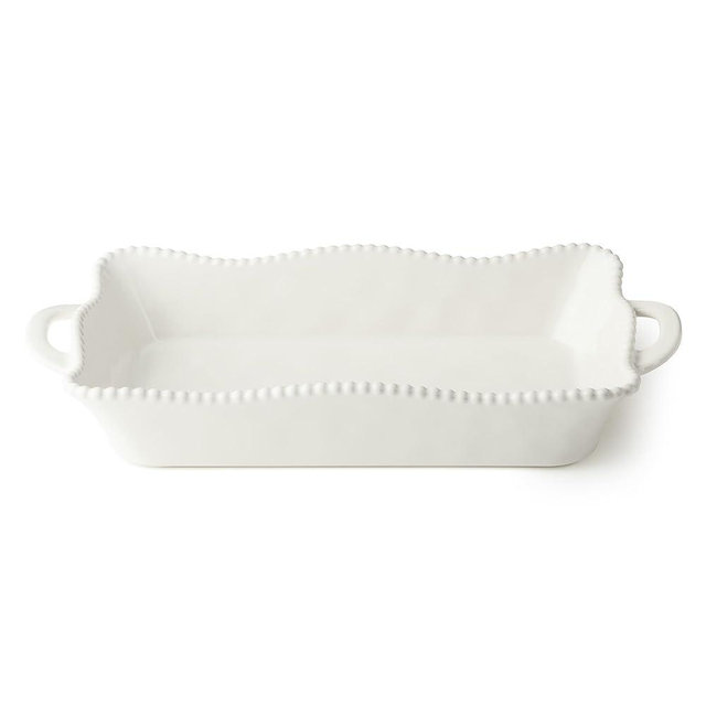 Perlette Cream Medium Rectangular Ceramic Baker – 16.25 x 8.5 Inch Elegant Scalloped Stoneware Bakeware with Beaded Rim – Oven-to-Table Dish for Casseroles, Roasts, and Everyday Entertaining