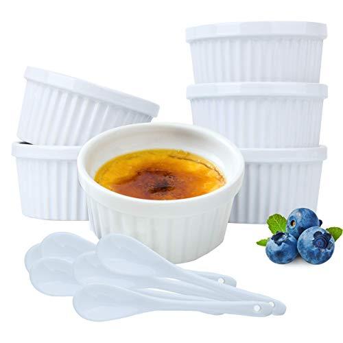 Souffle Dish Ramekins for Baking –8 Ounce (Set of 6, White with 6 Extra Spoons) 8 Oz,4-inch Ceramic Oven Safe Round Ramekin Bowl for Creme Brulee Desserts Puddings Custard Cup Ice Cream Lava Cake