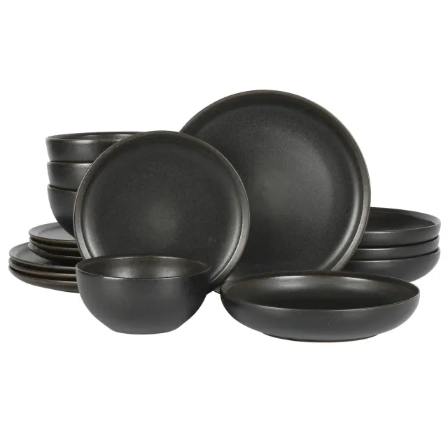 Gibson Elite Beckett Stoneware Matte Reactive Glaze 16 Piece Plates and Bowls Dinnerware Set Black