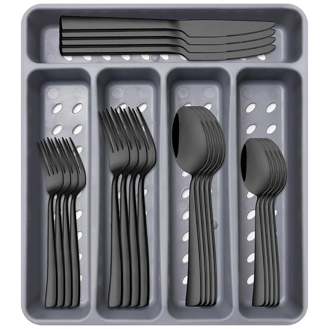 21-Piece Modern Black Silverware Set with Organizer Tray Stainless Steel Eating Utensil Sets Kitchen Knives Forks and Spoons Cutlery Set Heavy Duty Tableware Flatware Sets for 4, Dishwasher Safe