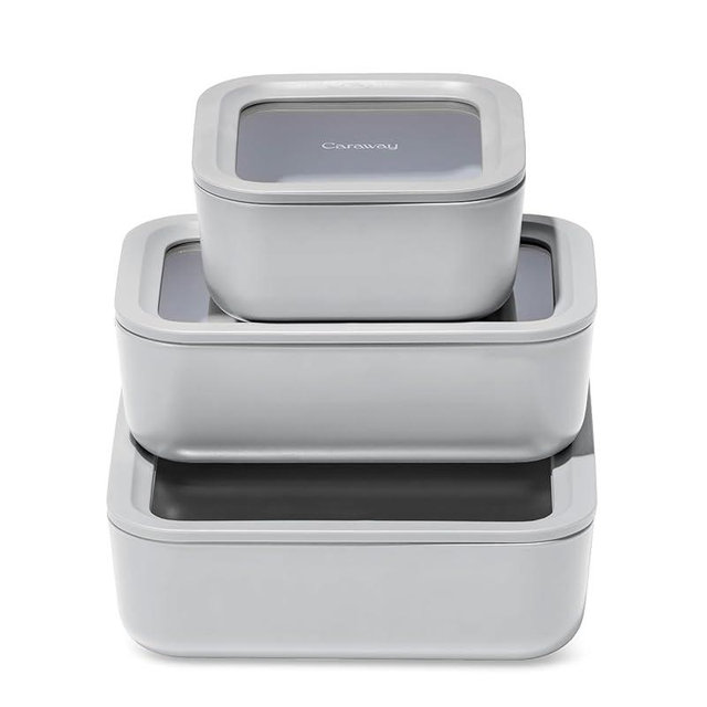 Caraway 3pc Glass Food Storage Set – 10 Cup, 6.6 Cup, & 4.4 Cup Food Containers - Ceramic Coated - Non Toxic Non Stick Lunch Box with Glass Lids - Dishwasher, Oven, & Microwave Safe - Gray