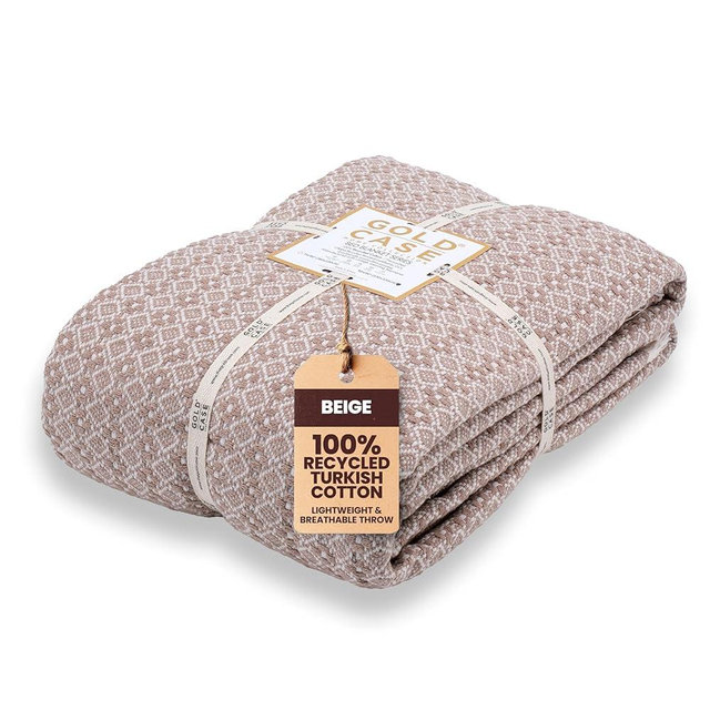 Gold Case Throw Blanket for Bed – 100% Recycled Turkish Cotton Bed Blanket – Decorative Throw Cotton Blankets for Living Room & Bedroom – Woven Twin Blankets - 71x90 - Beige
