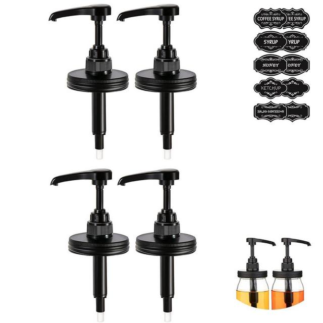 Mason Jar Syrup Dispenser, 4PK Coffee Syrup Dispenser for Coffee Bar, Pump and Lid for Regular Mouth Mason Jar, Food Grade Rust-Proof Pump for Liquid Condiments, Ketchup, Honey, Syrup and More