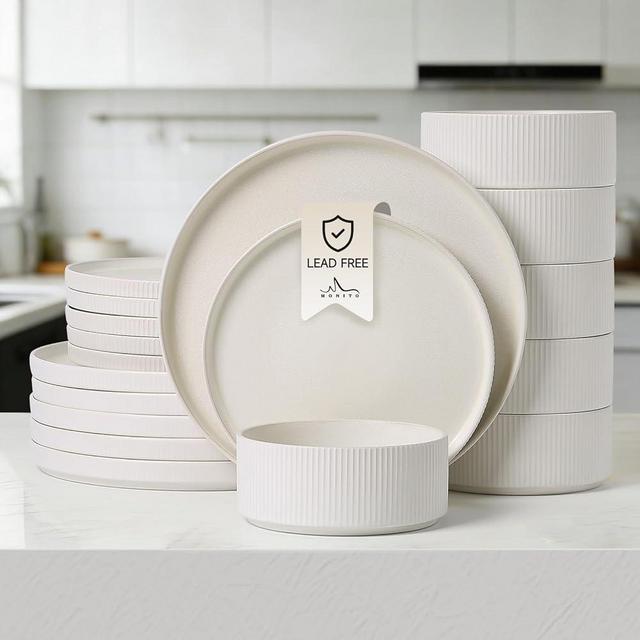 MONITO Ceramic Dinnerware Sets for 4, 18PCS Stoneware Plates and Bowls Sets, Reactive Glaze Dish Set, Chip and Scratch Resistant Double, Microwave and Dishwasher Safe, Matte White