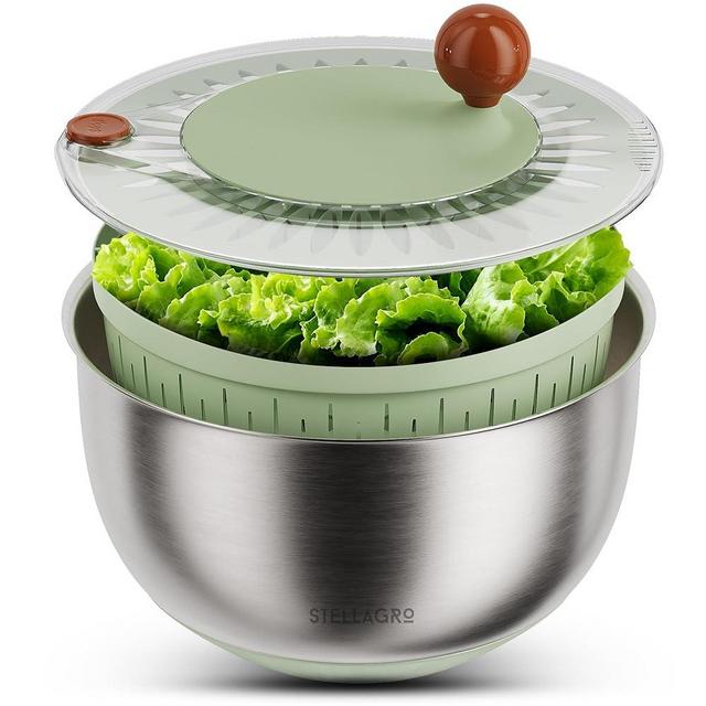 Stellagro Stainless Steel Salad Spinner Large, Fruit & Vegetable, Lettuce Dryer Strainer Cleaner - Stainless Steel Bowl, Drain & Colander, Fruit Washer - 5.3 Qt