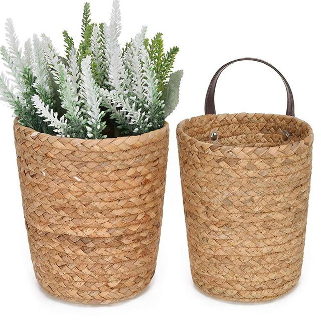 StorageWorks Water Hyacinth Wicker Baskets, Wall Hanging Basket for Plants & Accessories, Wall Basket Decor with Leather Handles, Natural, Set of 2 (one Large, one Small)