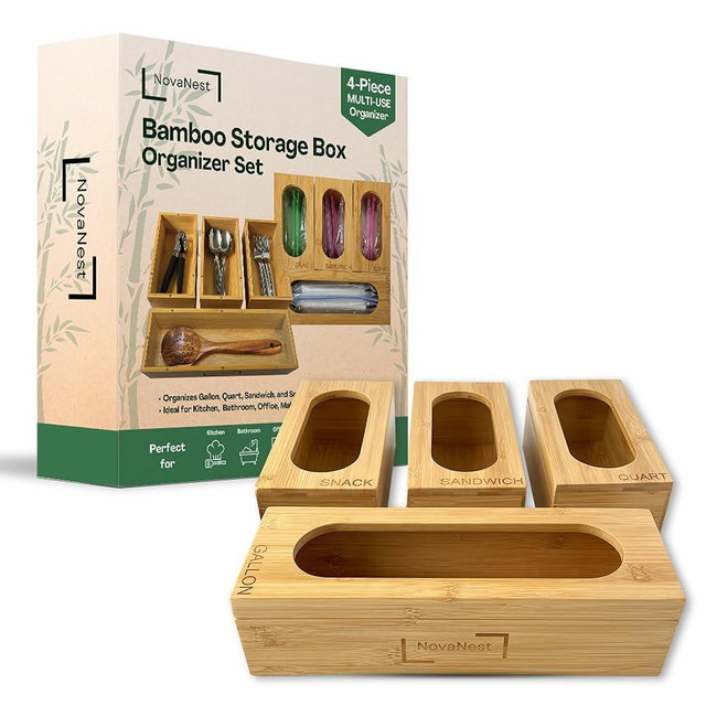 4PCS Bamboo Storage Bag Organizer Set Multi-Use Baggie Organizers for Gallon, Quart, Sandwich, Snack Food Bags, Tea Bag, Silverware, Ideal for Kitchen, Office, Makeup, Bathroom, Utensil, Junk Drawer