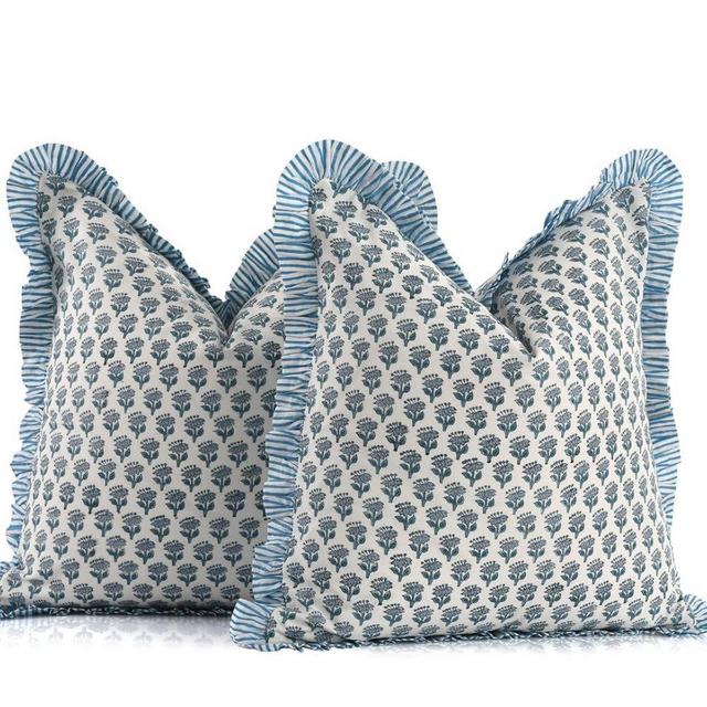 CPC Apatite Blue Ruffle Throw Pillow Covers for Couch, 20x20 Inch Cotton Stripe Ruffle Couch Pillows for Living Room, Hidden 16 Inch Zipper Boho Pillow Case or Cute Outdoor Pillows