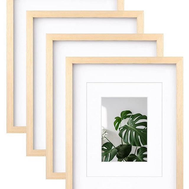Egofine 11x14 Picture Frames Made of Solid Wood with Plexiglass, Display Pictures 5x7/8x10 with Mat or 11x14 Without Mat Set of 4 for Tabletop and Wall Mounting, Natural Wood