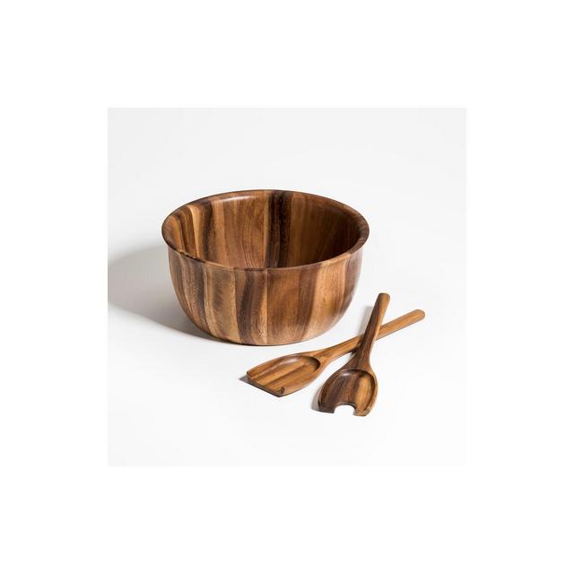 Kalmar Home Solid Acacia Wood Large Salad Bowl with Servers