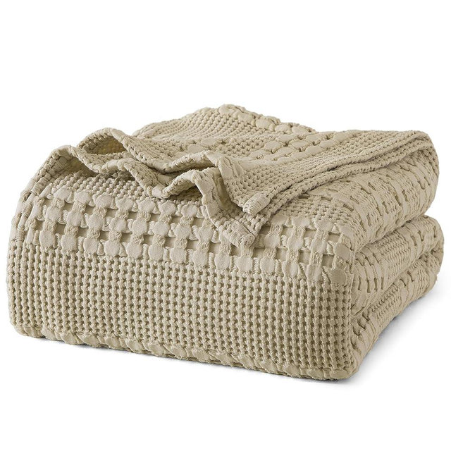 PHF 100% Cotton Waffle Weave Blanket King Size for Bed, Lightweight Washed Cotton Blanket - 108"x90" Aesthetic Soft Woven and Breathable Blanket for Sofa Home Decor - Khaki