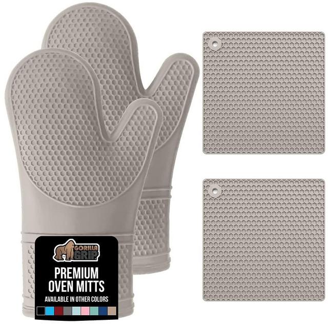 Gorilla Grip Heat Resistant Waterproof Silicone Oven Mitt and Pot Holder 4 Piece Set, Includes 2 Soft and Flexible Cooking Mitts and Trivet Mats, Gloves and Potholders for Use on Hot Surfaces, Almond